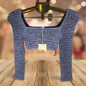 Misa Bubble Alessia Women's Smocked‎ Square Neck Crop Top Long Sleeve Blue